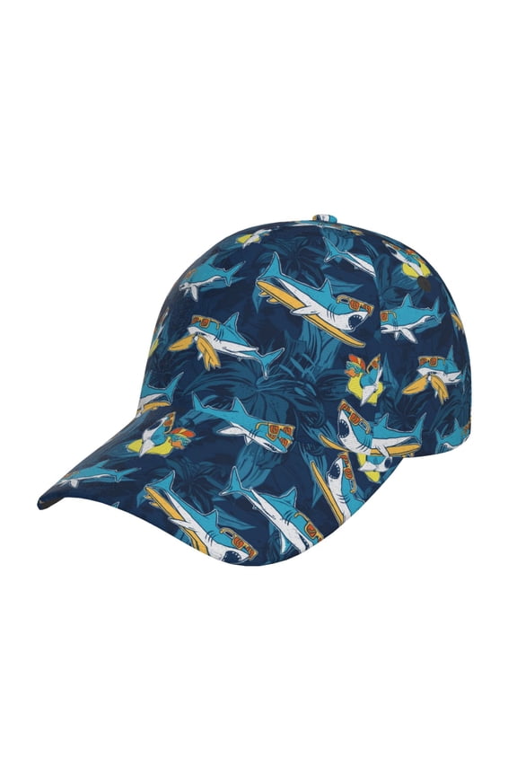 Cartoon Surfer Sharks Prin Baseball Cap, Adjustable Sweat-wicking Daily,Travel, Sports Cap, Unisex
