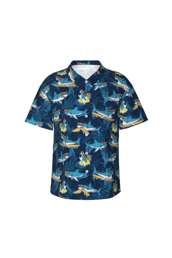 Cartoon Surfer Sharks Print Men's Short-sleeved Shirts, Button-down Lapel Hawaiian Shirts, T-shirts, Beach Vacation Summer Casual Wear,Medium