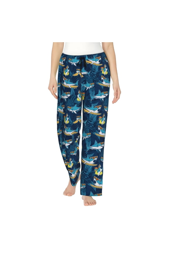 Cartoon Surfer Sharks Print Women's Home Trousers, with Pockets and Drawstring Pajamas, Home Pajamas, Sleepwear-Large