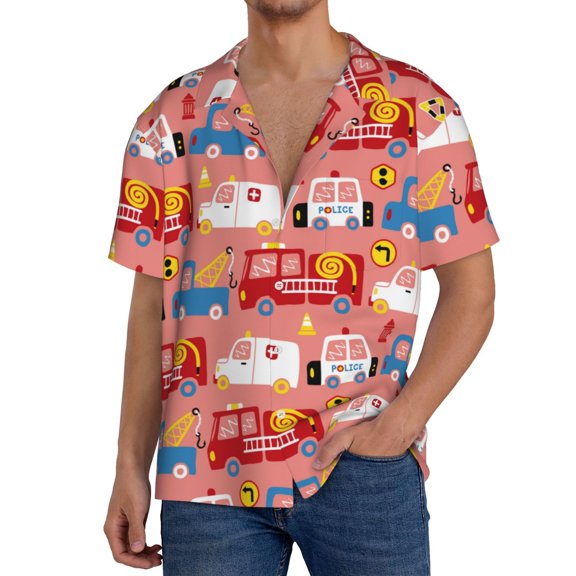 Gukieu Cartoon with Traffic Elements Print Men's Short-sleeved Shirts, Button-down Pocket Shirts, T-shirts, Beach Vacation Travel Summer Clothing-3X-Large