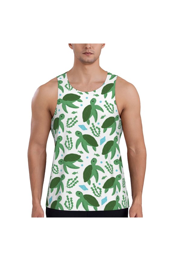 Cartoon Turtle Print Men's Quick Dry Fitness Vest, Round Neck Sleeveless Fitness Bodybuilding Top-3X-Large