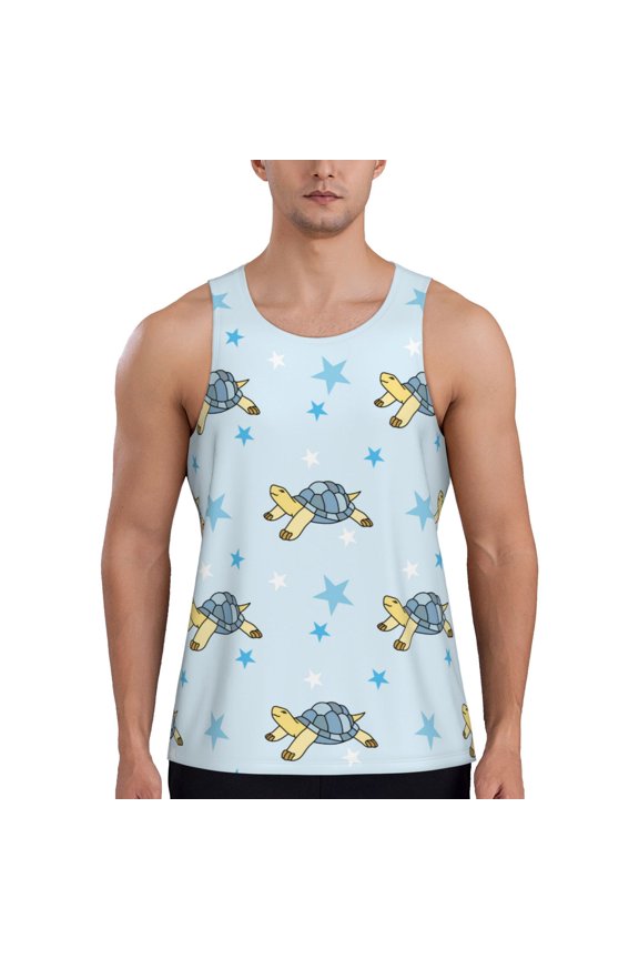 Cartoon Turtle Print Men's Quick Dry Fitness Vest, Round Neck Sleeveless Fitness Bodybuilding Top-X-Large