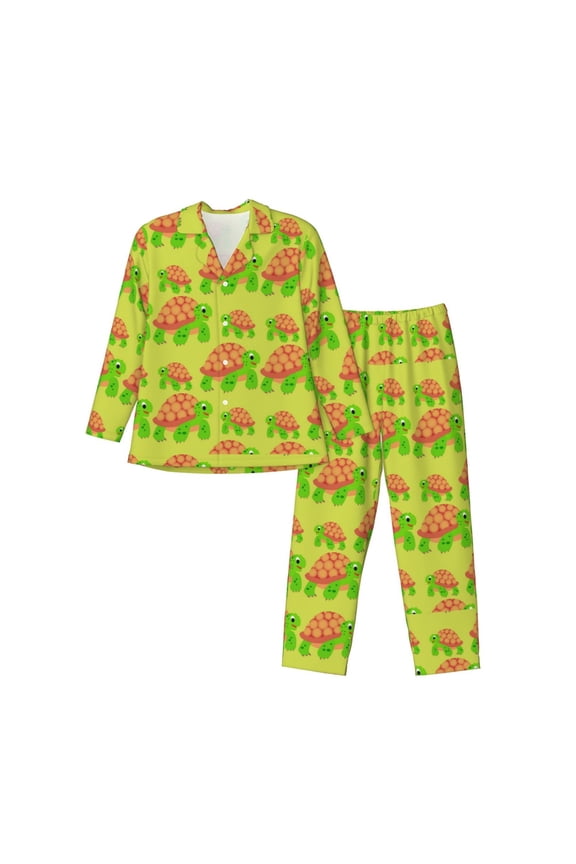 Cartoon Turtles 1 Print Men's Long-sleeved Pajamas Set, Elastic Waist Pajamas Button-down Pajamas Two-piece Set, Suitable for Adult Male Home Wear-Large