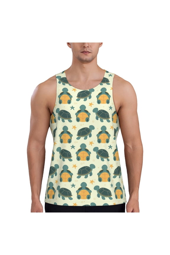 Cartoon Turtles Print Men's Quick Dry Fitness Vest, Round Neck Sleeveless Fitness Bodybuilding Top-Small
