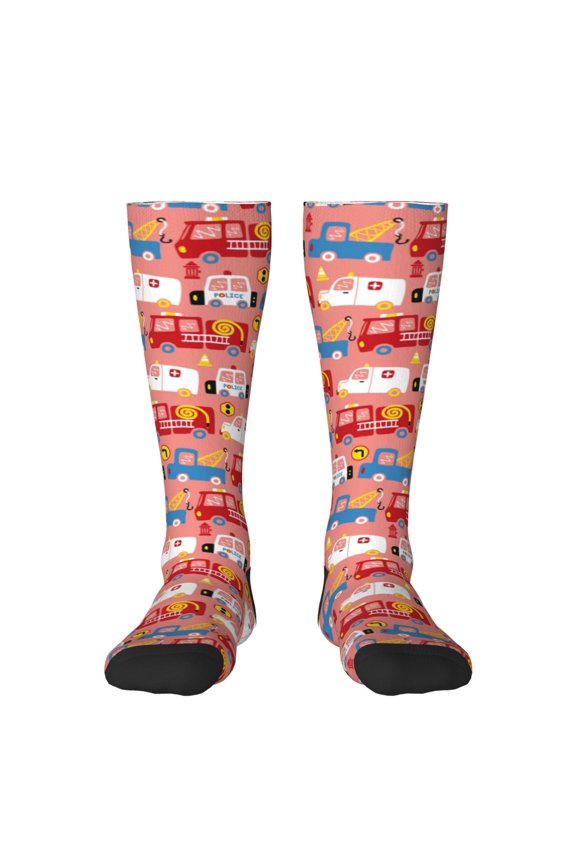 Cartoon with Traffic Elements Print Contrast Color Stockings, Elastic Sports Socks Warm Socks Clothing Accessories, Adult Unisex