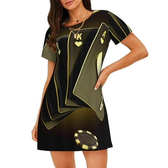 Gukieu Casino Cards 1 Print Women's Nightgown, A-line Round Neck Short-sleeved Nightgown Pajamas Home Wear Suitable for Home and Outing