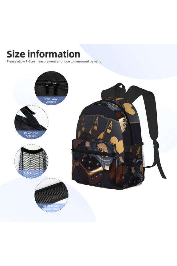 Casino Cards Poker Print Backpack, Waterproof Backpack with Adjustable Shoulder Straps, Suitable for Campus, Business, Travel, Unisex