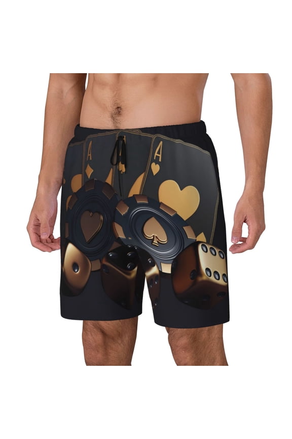 Casino Cards Poker Print Men's Double Layer Sports Swim Trunks, Quick Dry Adjustable Waist Swim Shorts Swimwear-Medium