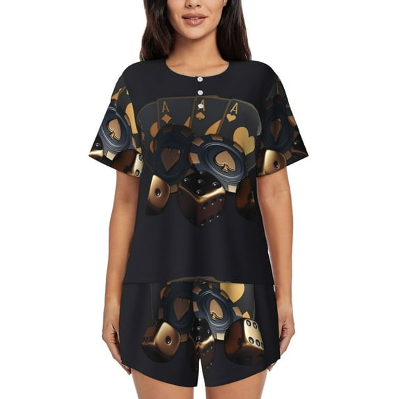 Gukieu Casino Cards Poker Print Women's Short-sleeved Pajama Set, Round Neck Button Top Elastic Shorts 2-piece Set, Summer Home Leisure Clothing-X-Large