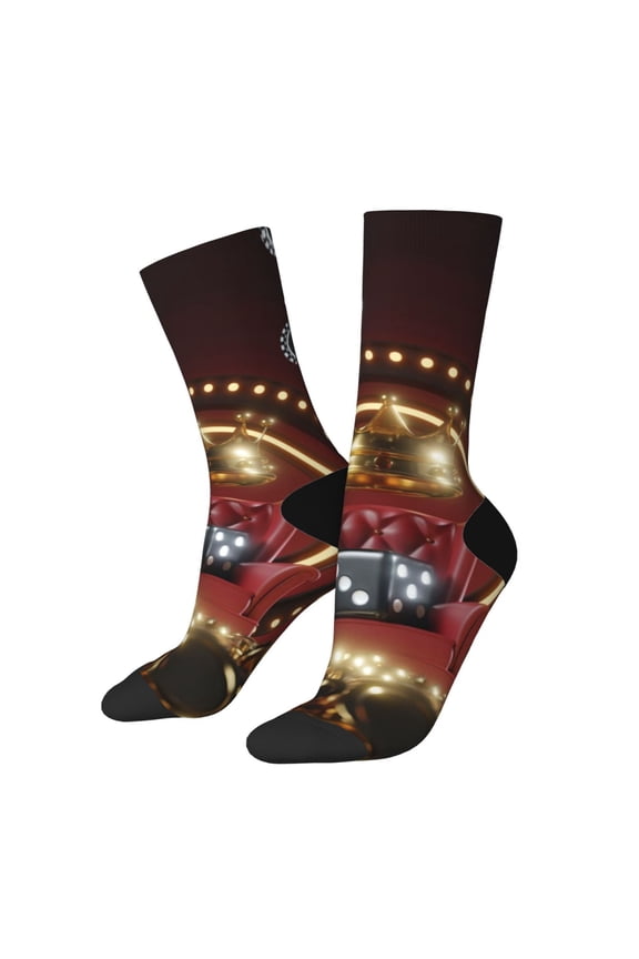 Casino King And Playing Cards Print Contrast Color Mid-calf Socks, Sweat-wicking Athletic Socks, Unisex Clothing Accessories