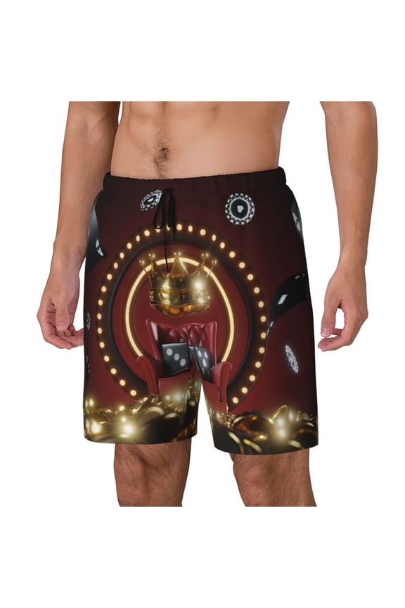 Casino King And Playing Cards Print Men's Double Layer Sports Swim Trunks, Quick Dry Adjustable Waist Swim Shorts Swimwear-Large