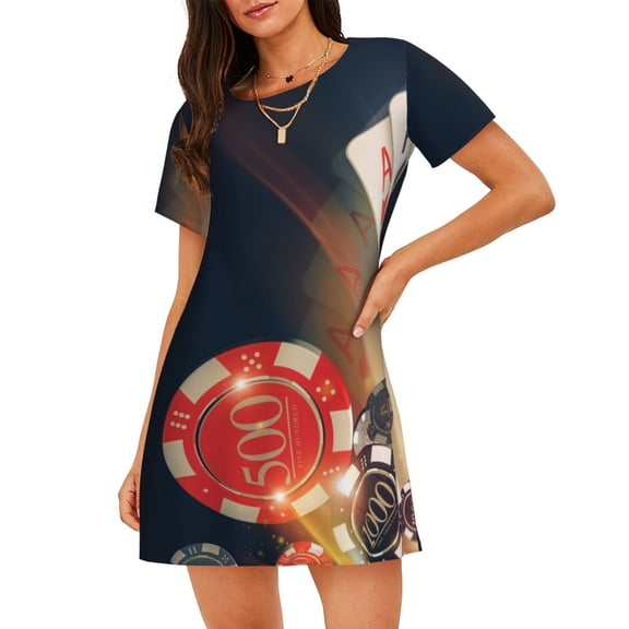 Gukieu Casino Poker Chips Print Women's Nightgown, A-line Round Neck Short-sleeved Nightgown Pajamas Home Wear Suitable for Home and Outing