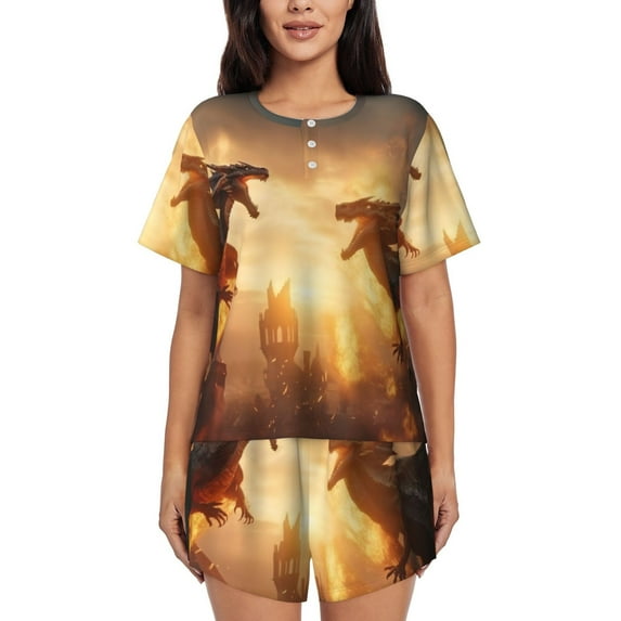 Gukieu Castle Cool Fire Dragon Print Women's Short-sleeved Pajama Set, Round Neck Button Top Elastic Shorts 2-piece Set, Summer Home Leisure Clothing-3X-Large