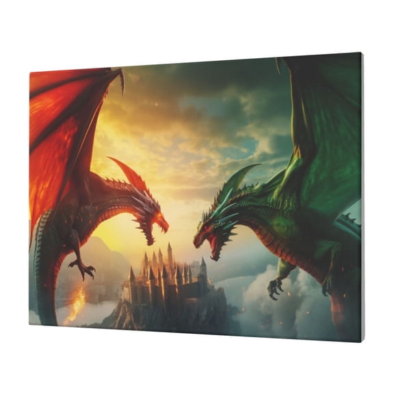 Gukieu Castle Red Green Sky Dragon Print Horizontal Canvas Decorative Painting 12x16 Inch Shrinkage Resistant Frame Hanging Home Wall Art Decor