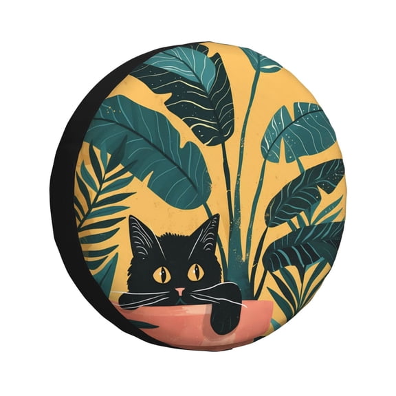 Gukieu Cat Hiding In Potted Plants Print Car Tire Cover, Adjustable Waterproof and Dustproof Tire Protection Cover, Suitable for SUV, Truck, Van-14 inch