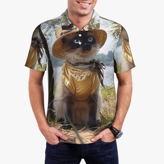 Gukieu Cat In Sun Hat Print Men's Quick-drying POLO Shirt, Button-down Summer T-shirt, Suitable for Work and Outdoor Activities-Large