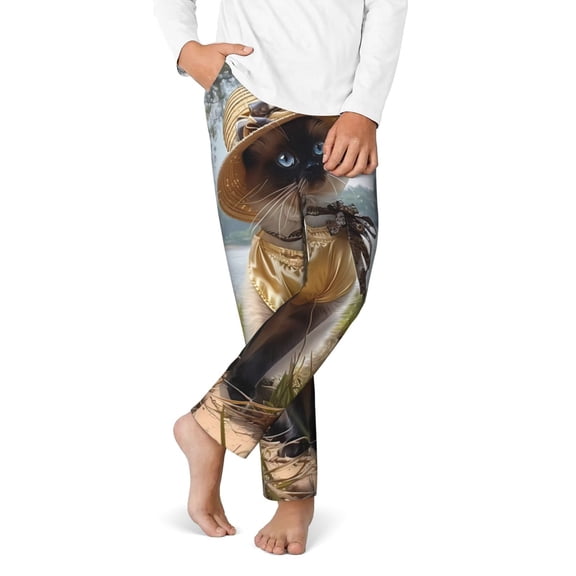 Gukieu Cat In Sun Hat Print Youth Home Trousers, Elastic Waistband with Pockets for Home and Outing, Suitable for Children Aged 5-16-XS(5-6)