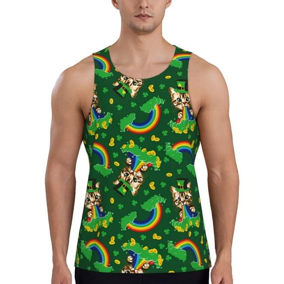 Gukieu Cat St Patrick's day Print Men's Quick Dry Fitness Vest, Round Neck Sleeveless Fitness Bodybuilding Top-3X-Large