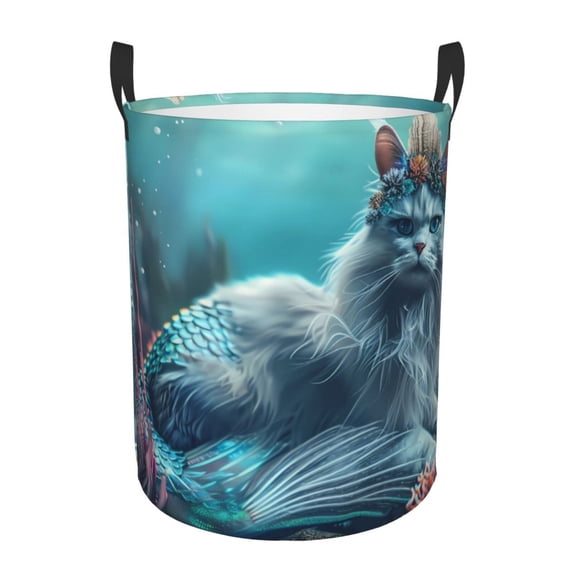 Gukieu Cat Underwater Fantasy Print Round Dirty Clothes Bag, Waterproof Standing Home Bathroom Storage Basket Car Trunk Storage Bag-Small