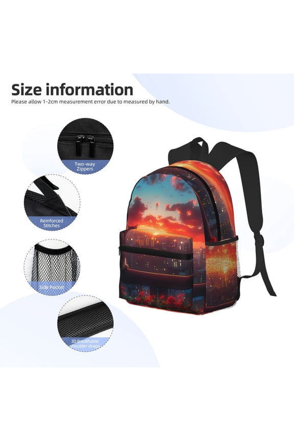 Cat Watching City Sunset Print Backpack, Waterproof Backpack with Adjustable Shoulder Straps, Suitable for Campus, Business, Travel, Unisex