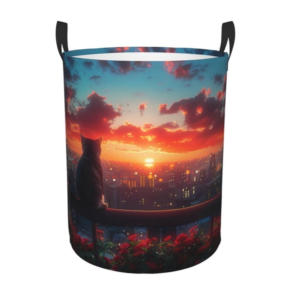 Gukieu Cat Watching City Sunset Print Round Dirty Clothes Bag, Waterproof Standing Home Bathroom Storage Basket Car Trunk Storage Bag-Small