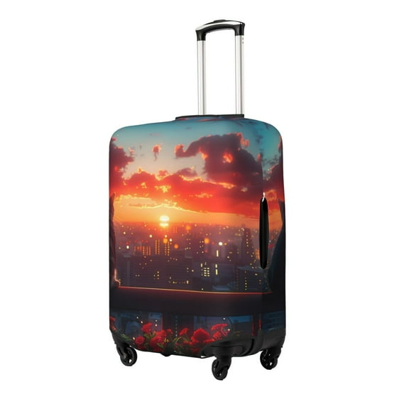 Gukieu Cat Watching City Sunset Print Suitcase Protective Cover, Elastic Zipper Buckle Suitcase Protective Cover, Suitable for Travel, Business Trip-Small