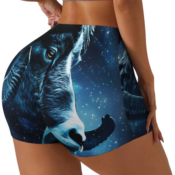 Gukieu Celestial Ram Night Sky Print Women's Sports Shorts, Elastic Waist High Stretch Running Yoga Gym Sweatpants-Medium
