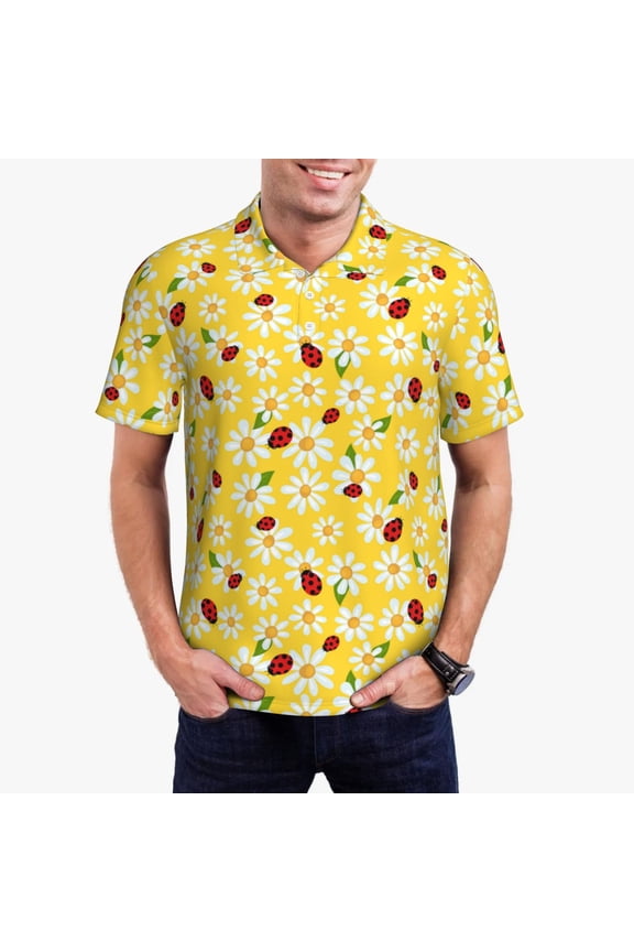 Chamomile And Ladybug Print Men's Quick-drying POLO Shirt, Button-down Summer T-shirt, Suitable for Work and Outdoor Activities-Medium