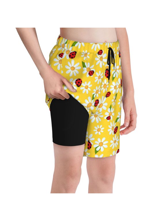 Chamomile And Ladybug Print Youth Beach Swimming Trunks, Adjustable Waist Quick-drying Summer Swimming Shorts-X-Large