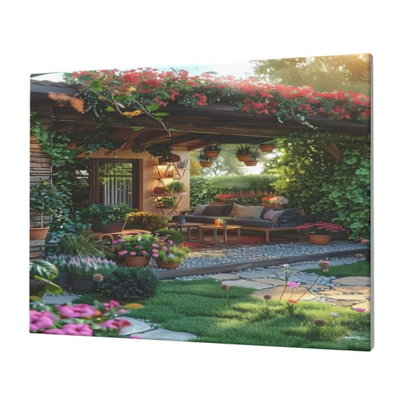 Gukieu Charming Garden Patio Print Horizontal Canvas Decorative Painting 12x16 Inch Shrinkage Resistant Frame Hanging Home Wall Art Decor