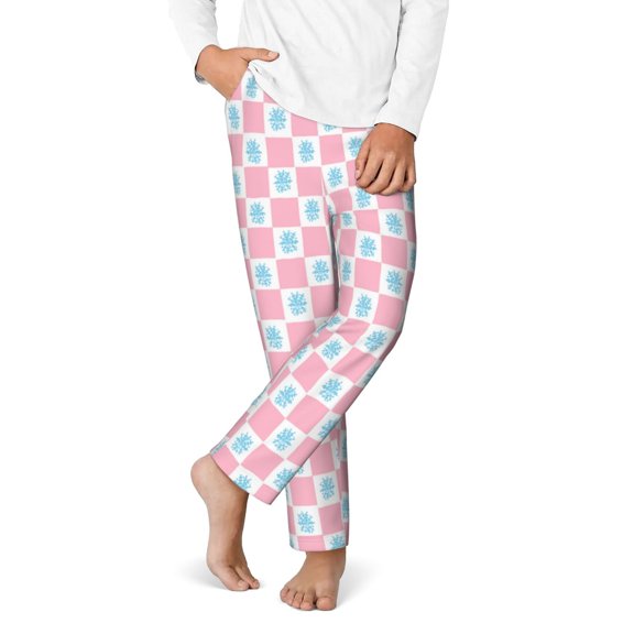 Gukieu Checkerboard With Snowflake Print Youth Home Trousers, Elastic Waistband with Pockets for Home and Outing, Suitable for Children Aged 5-16-Medium