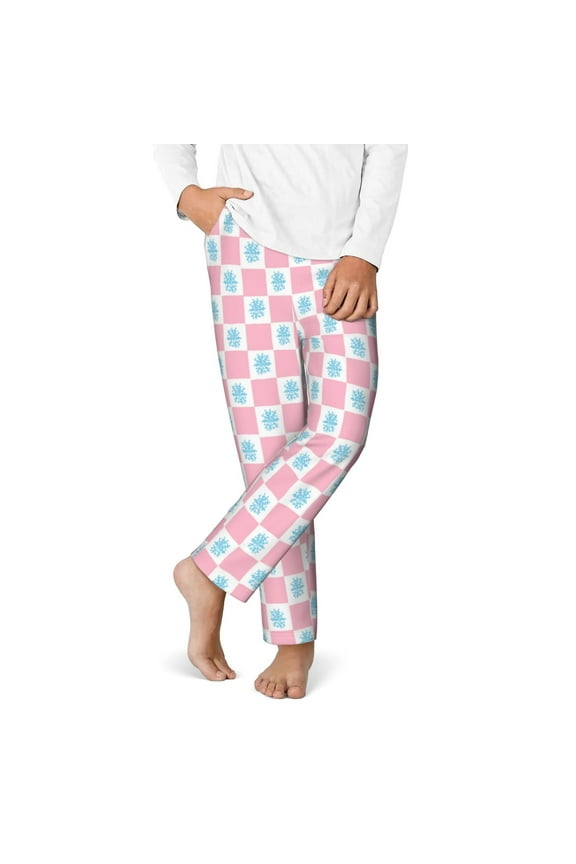 Checkerboard With Snowflake Print Youth Home Trousers, Elastic Waistband with Pockets for Home and Outing, Suitable for Children Aged 5-16-Medium