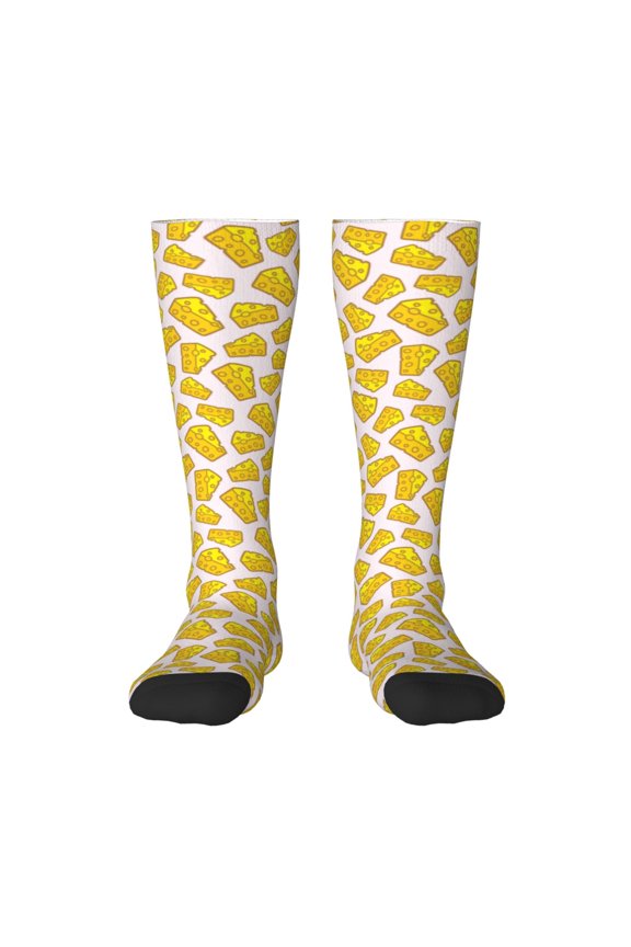 Cheese Print Contrast Color Stockings, Elastic Sports Socks Warm Socks Clothing Accessories, Adult Unisex