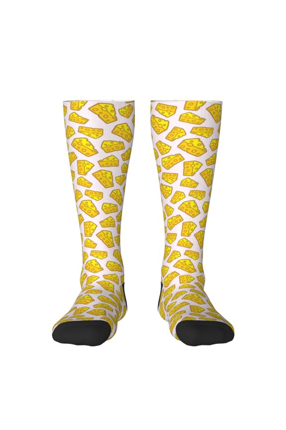 Cheese Print Contrast Color Stockings, Elastic Sports Socks Warm Socks Clothing Accessories, Adult Unisex