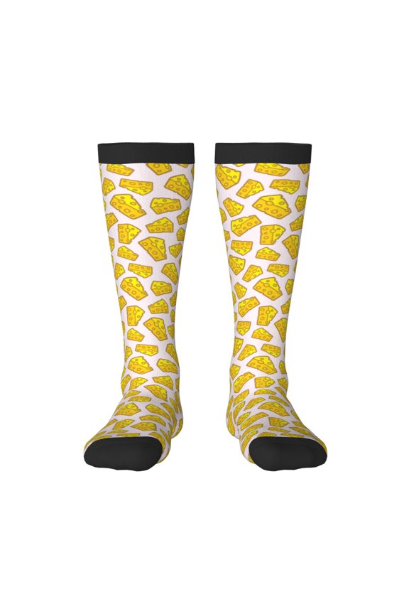 Cheese Print Contrast Color Stockings, Elastic Sports Socks Warm Socks Clothing Accessories, Adult Unisex