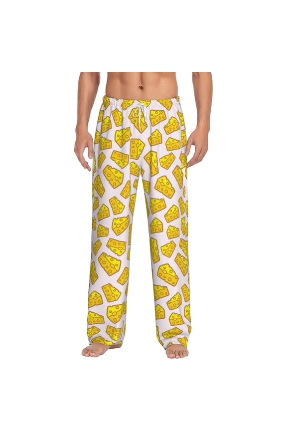 Cheese Print Men's Home Trousers, Elastic Drawstring Home Pajamas Clothing Suitable for Adult Men-X-Large