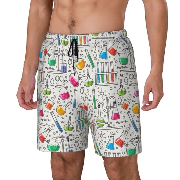 Gukieu Chemical Flasks And Test Tubes Print Men's Double Layer Sports Swim Trunks, Quick Dry Adjustable Waist Swim Shorts Swimwear-3X-Large