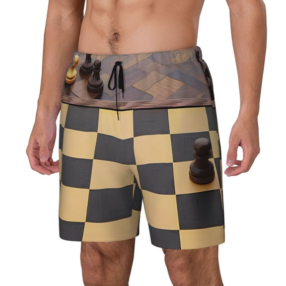Gukieu Chess Board With Pawns Print Men's Double Layer Sports Swim Trunks, Quick Dry Adjustable Waist Swim Shorts Swimwear-Small