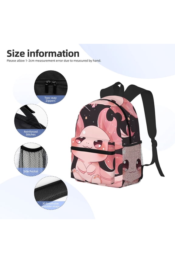 Chibi Axolotl Sakura Fantasy Print Backpack, Waterproof Backpack with Adjustable Shoulder Straps, Suitable for Campus, Business, Travel, Unisex