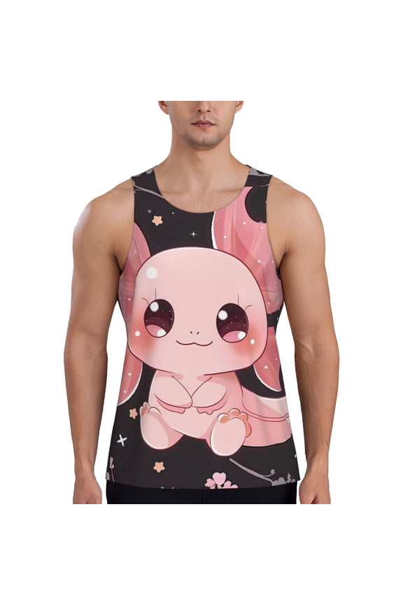 Chibi Axolotl Sakura Fantasy Print Men's Quick Dry Fitness Vest, Round Neck Sleeveless Fitness Bodybuilding Top-X-Large