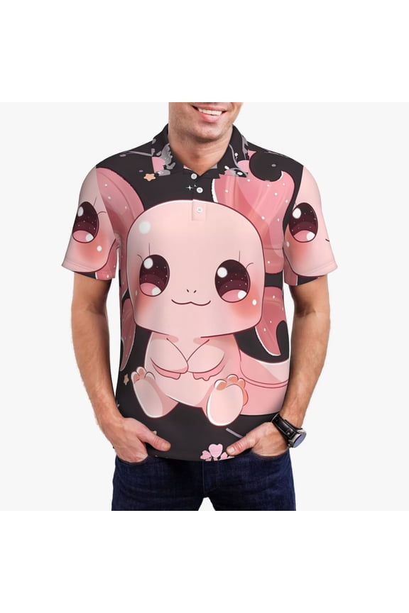 Chibi Axolotl Sakura Fantasy Print Men's Quick-drying POLO Shirt, Button-down Summer T-shirt, Suitable for Work and Outdoor Activities-X-Large