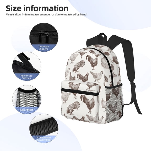 Gukieu Chickens Print Backpack, Waterproof Backpack with Adjustable Shoulder Straps, Suitable for Campus, Business, Travel, Unisex