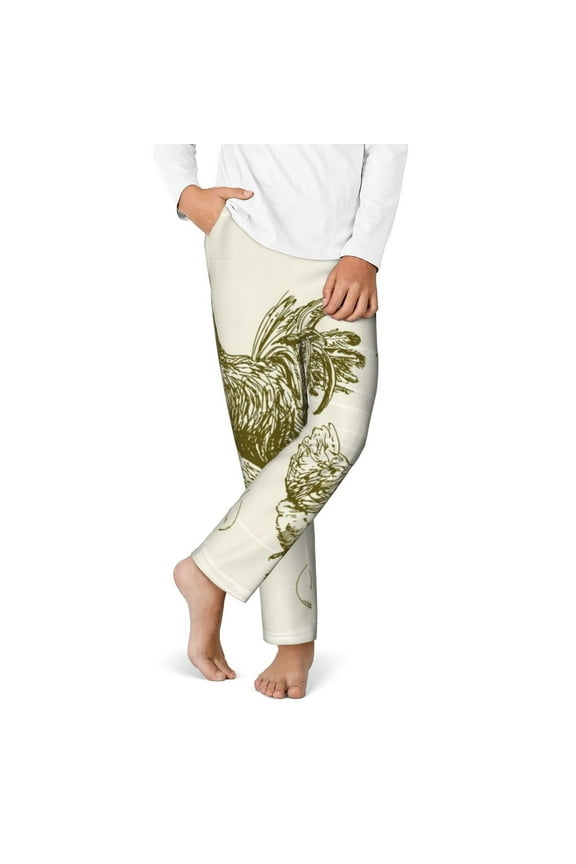 Chickens Print Youth Home Trousers, Elastic Waistband with Pockets for Home and Outing, Suitable for Children Aged 5-16-Large