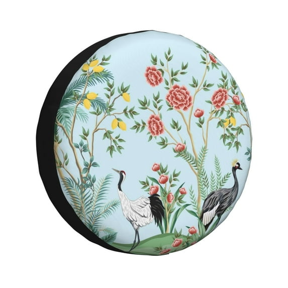 Gukieu Chinoiserie Floral Palm Tree Print Car Tire Cover, Adjustable Waterproof and Dustproof Tire Protection Cover, Suitable for SUV, Truck, Van-14 inch