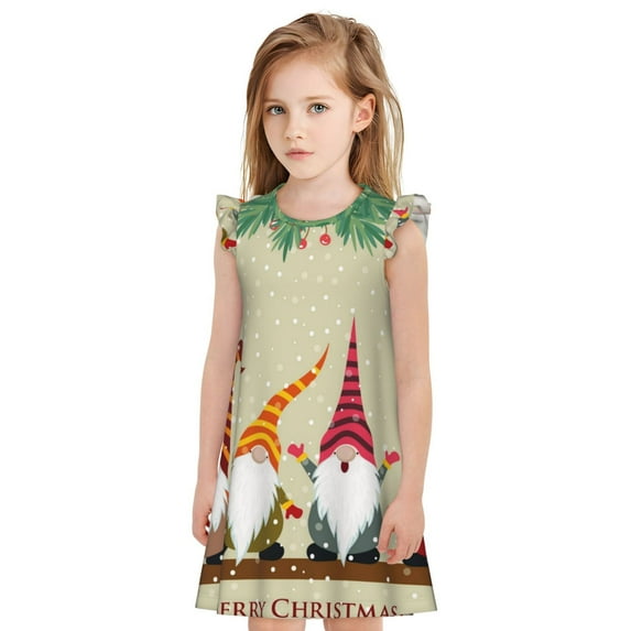 Gukieu Christmas Card With Gnomes Print Girls' Flying Sleeves Nightdress, Round Neck Sleeveless Princess Dress, Nightgown and Home Clothes-Medium