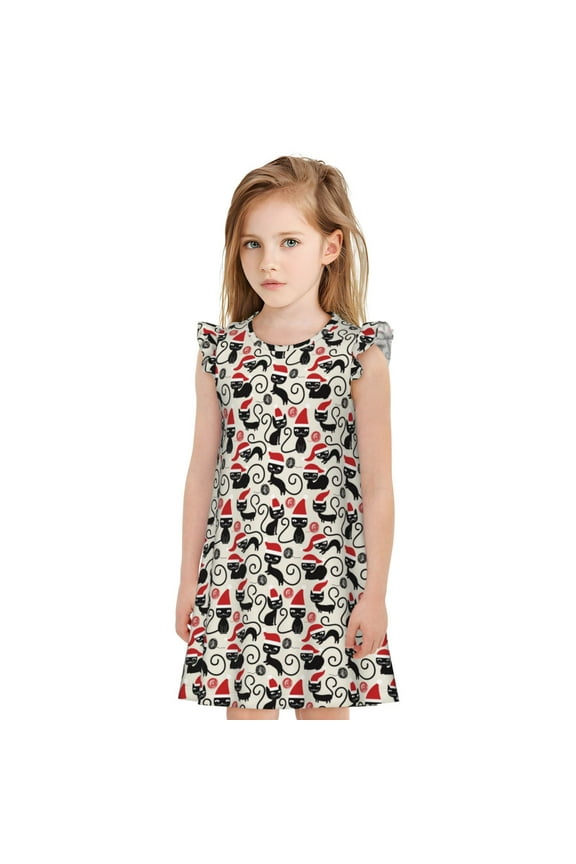 Christmas Cat Print Girls' Flying Sleeves Nightdress, Round Neck Sleeveless Princess Dress, Nightgown and Home Clothes-XX-Large