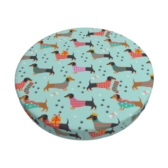 Gukieu Christmas Dachshund Print Round Chair Cover, Dust-proof and Non-slip Bar Chair Protective Cover, Suitable for Bars, Restaurants, Offices-12 inch