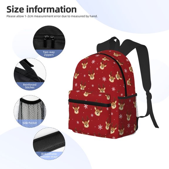 Gukieu Reindeer Faces Festive Red Print Backpack, Waterproof Backpack with Adjustable Shoulder Straps, Suitable for Campus, Business, Travel, Unisex