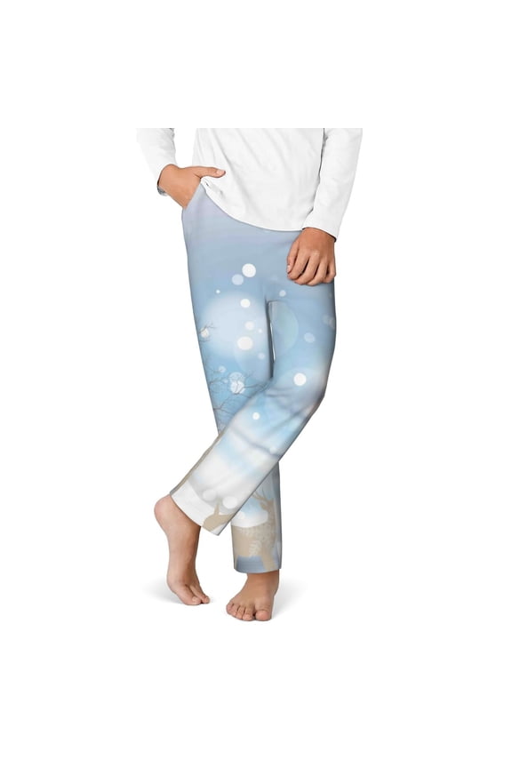 Christmas Deer Print Youth Home Trousers, Elastic Waistband with Pockets for Home and Outing, Suitable for Children Aged 5-16-Medium