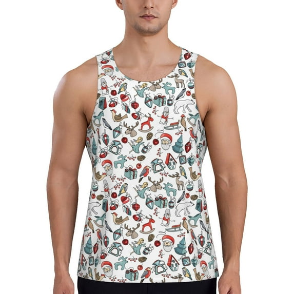 Gukieu Christmas Elements Print Men's Quick Dry Fitness Vest, Round Neck Sleeveless Fitness Bodybuilding Top-Medium